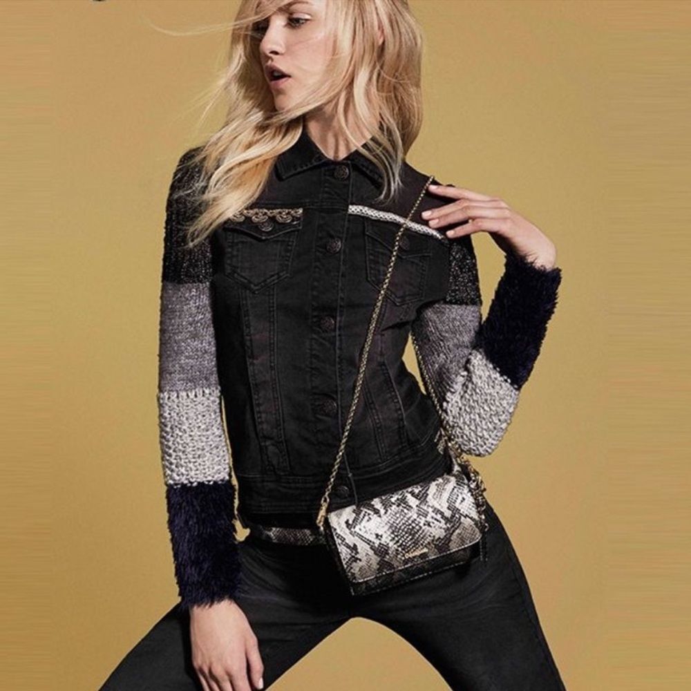 Desigual Exotic Black Denim Knit Sleeve Fur Cuff Embellished Jacket